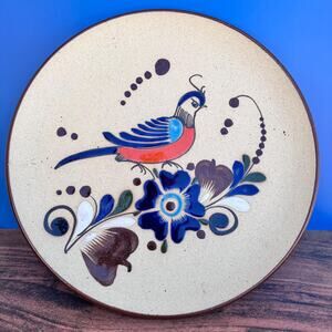 Vintage Tonala Mexican Pottery Plate-Handmade Hand Painted Bird on Flower